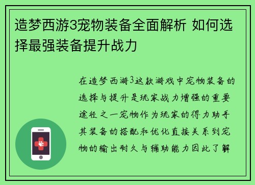 造梦西游3宠物装备全面解析 如何选择最强装备提升战力